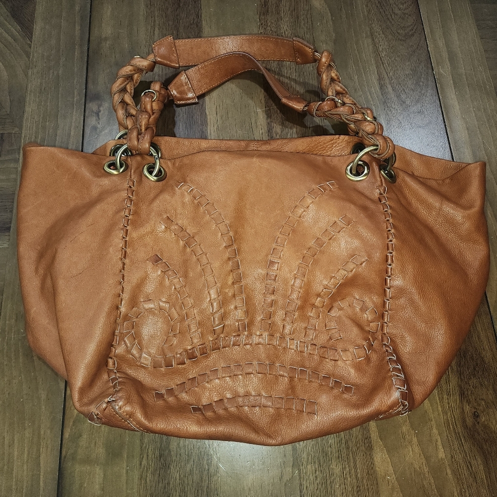 Sabina New York Genuine Leather Handbag Tan Brown Punchout Design Boho